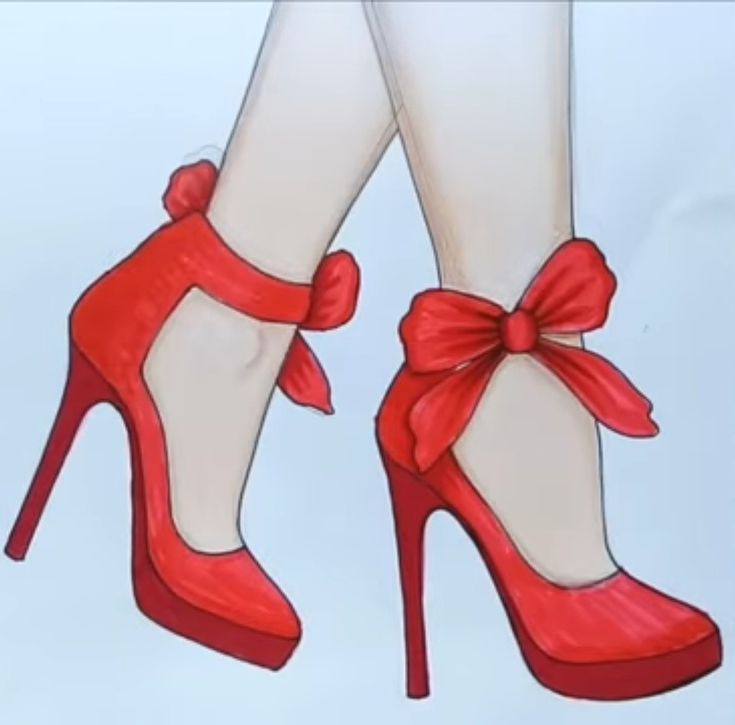 a drawing of a woman's red high heeled shoes with a bow on the ankle