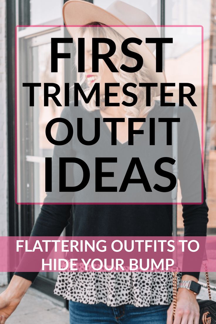 a woman wearing a hat and jeans with the words first trimester outfit ideas flattering outfits to hide your bump