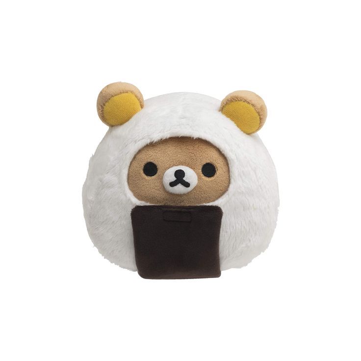 a white stuffed animal with brown eyes and ears on it's head, sitting in front of a white background