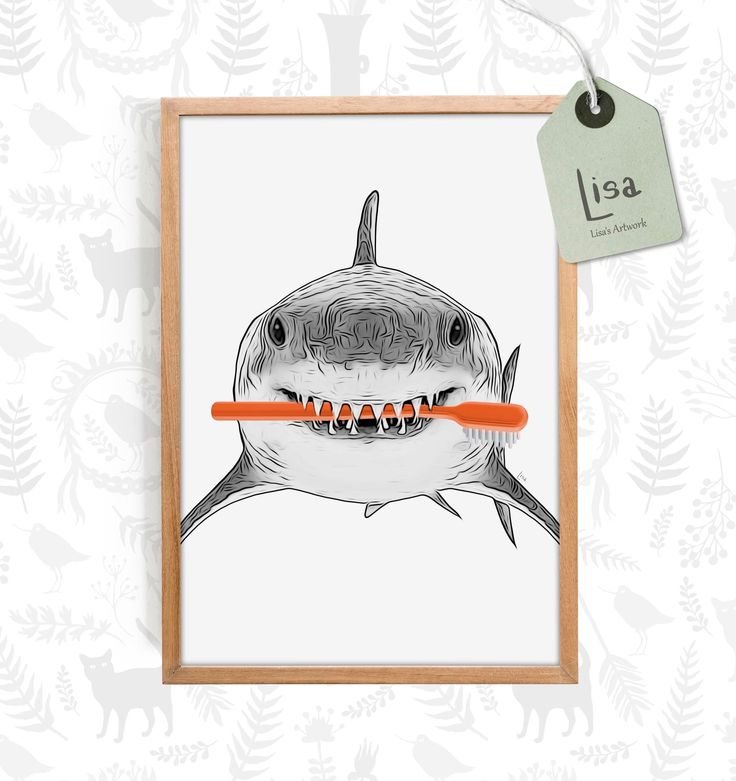 a drawing of a great white shark with an orange toothbrush in it's mouth