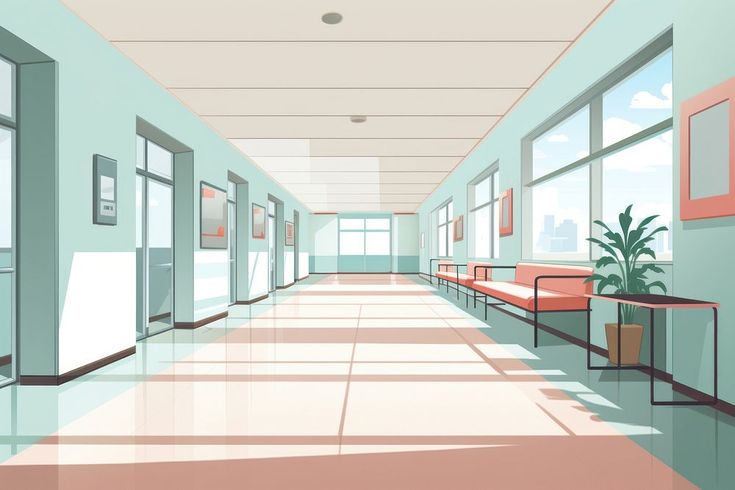 an empty hospital hallway with benches and potted plant on the sidelines in pastel colors