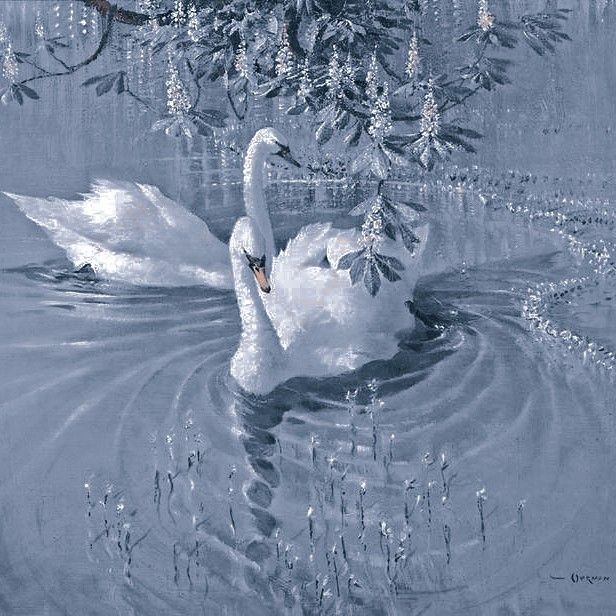 a painting of a swan swimming in the water