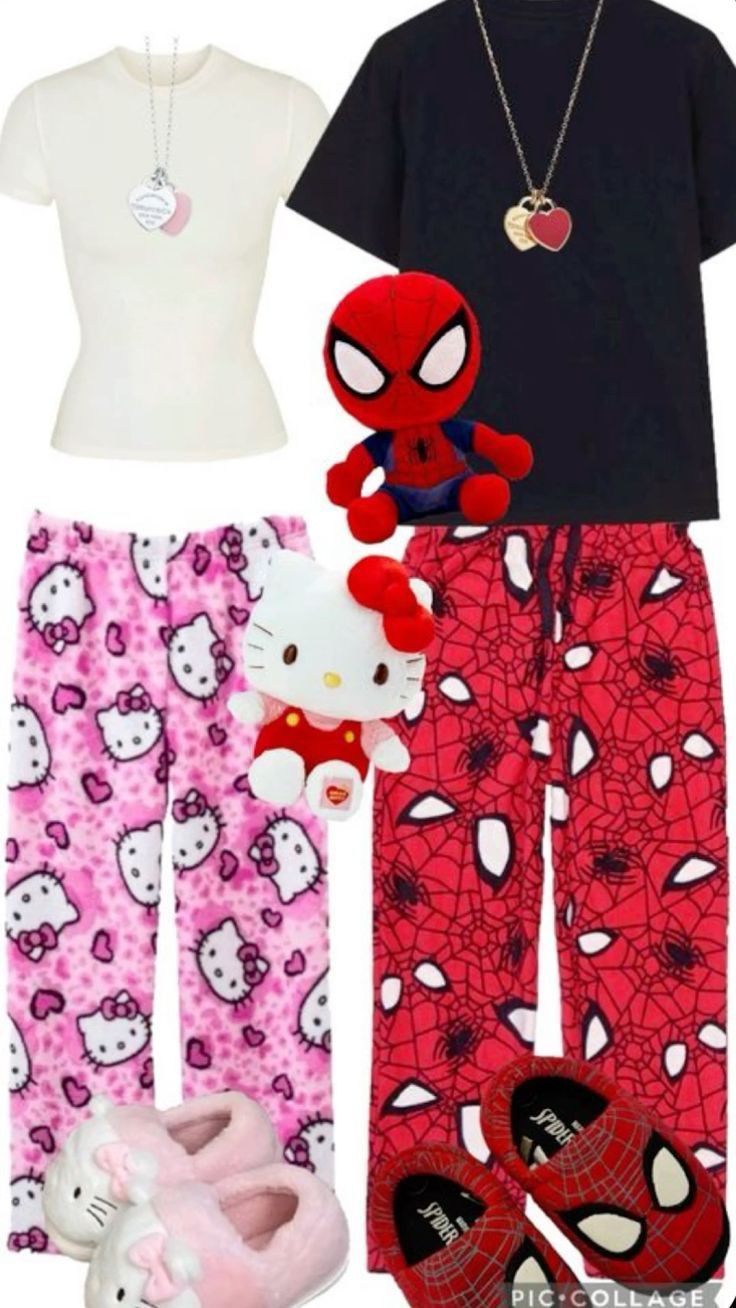 🤭 Hello Kitty And Spiderman, Hello Kitty Outfit, Spiderman Pajamas, Kitty Outfit, Bff Matching Outfits, Bff Matching, Matching Outfits Best Friend, Couple Matching Outfits, Kitty Clothes