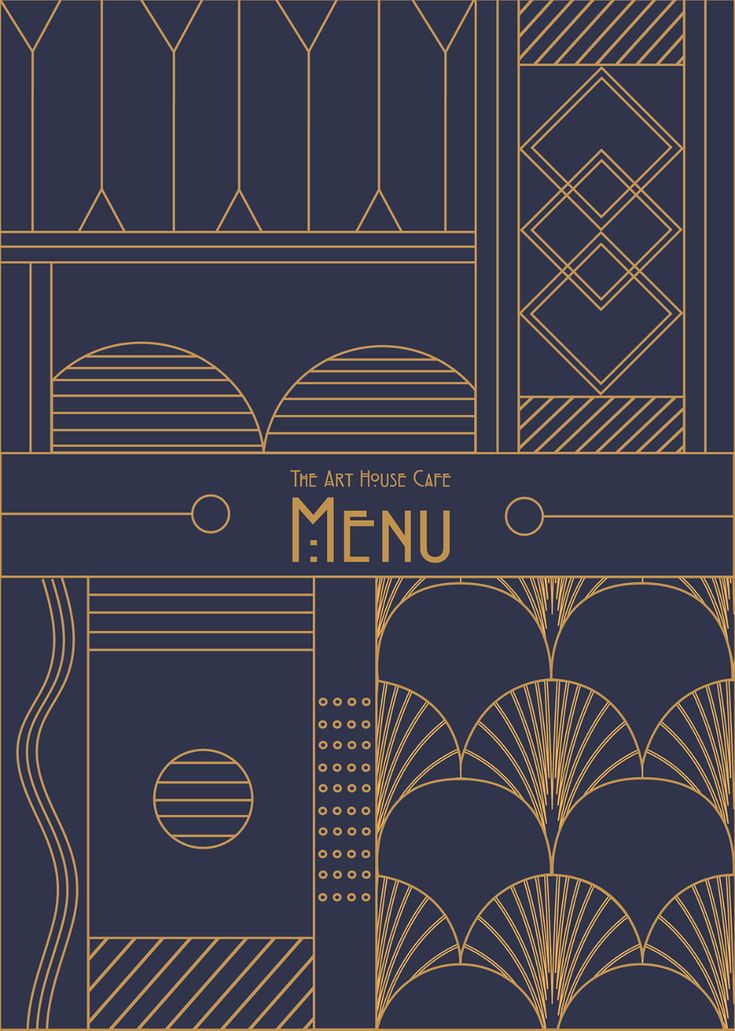 the art deco menu is designed in gold and blue