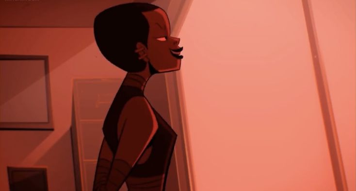 an animated image of a woman standing next to a door with her hand on her hip