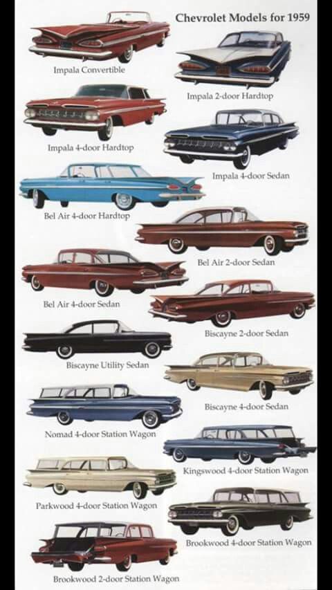 an advertisement for chevrolet models from the 1950's and early 1960s's, featuring cars