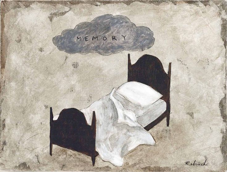 a drawing of a bed with a cloud above it and the words memory written on top