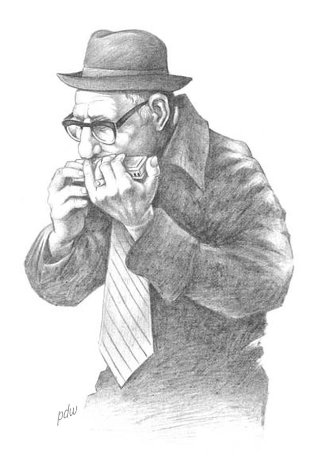 a pencil drawing of a man wearing a hat and glasses, holding his hand to his mouth