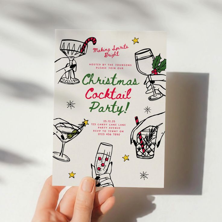 someone holding up a christmas cocktail party card