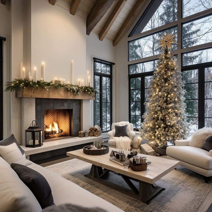 a living room filled with furniture and a christmas tree in front of a fire place