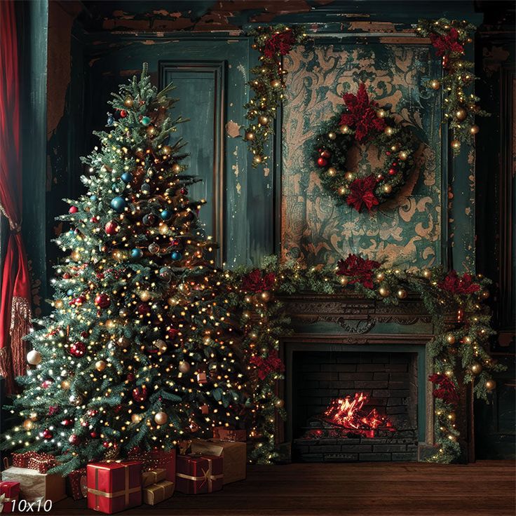 two christmas trees in front of a fireplace