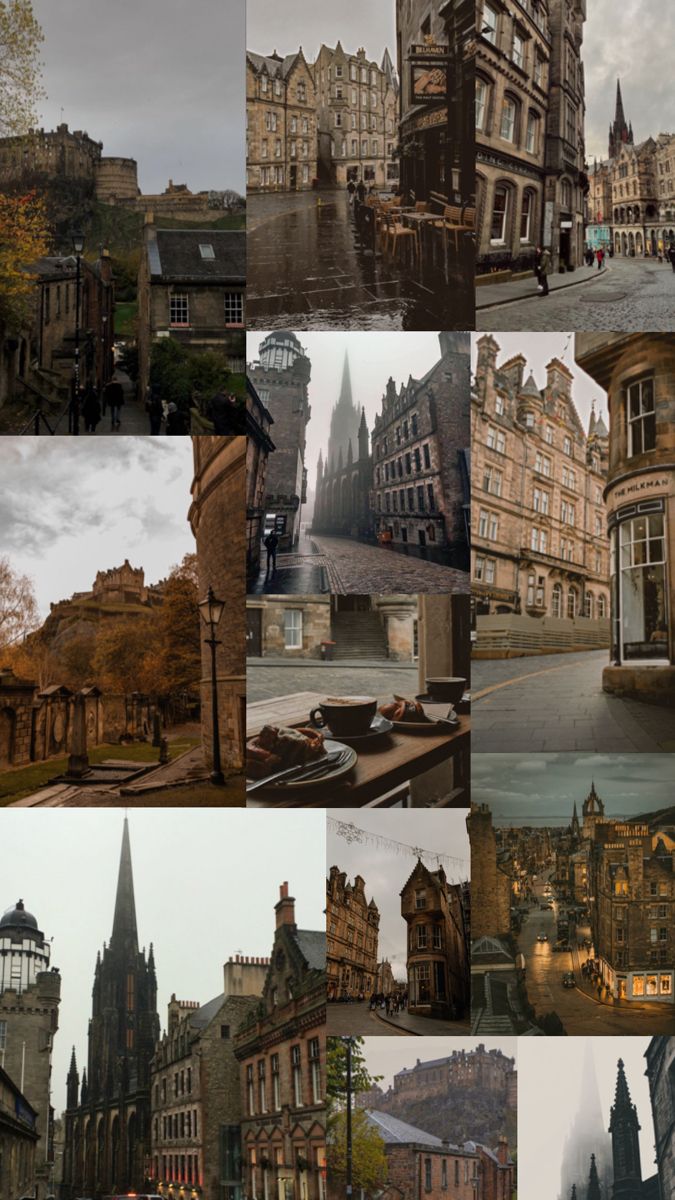 many different pictures of old buildings in the middle of town, including one with a clock tower