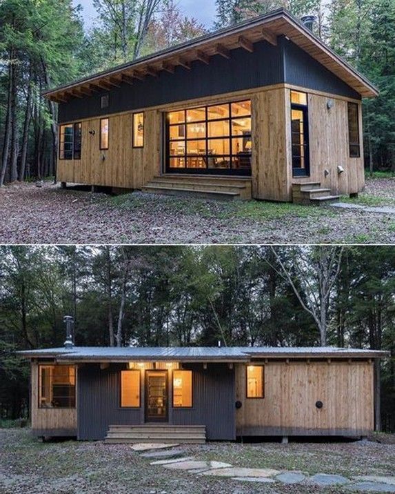 two pictures of small houses in the woods