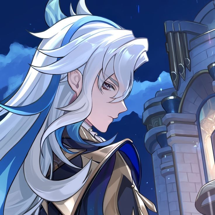 an anime character with white hair standing in front of a castle and looking at the sky