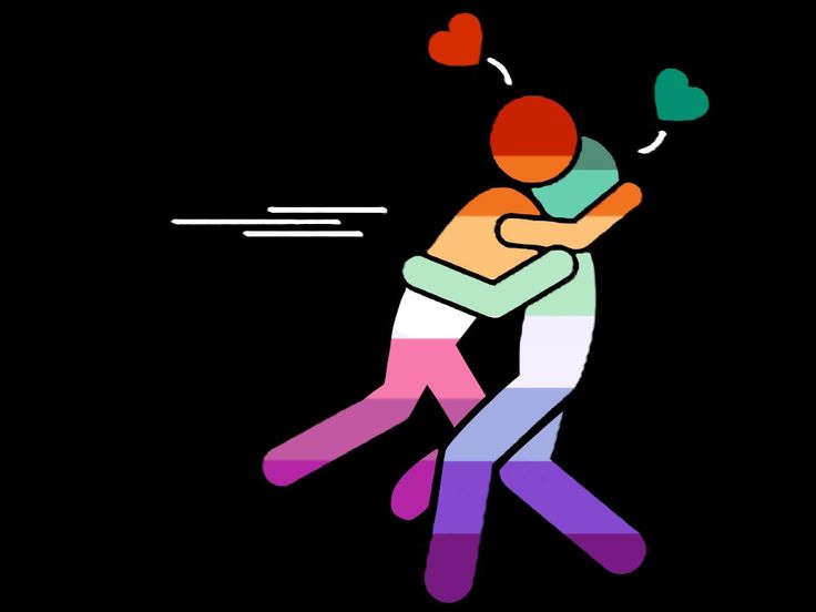 two people hugging each other with hearts flying above them on a black background, illustration