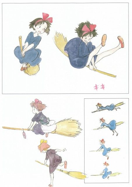 two pictures of children flying on brooms and one has a cat in her hat