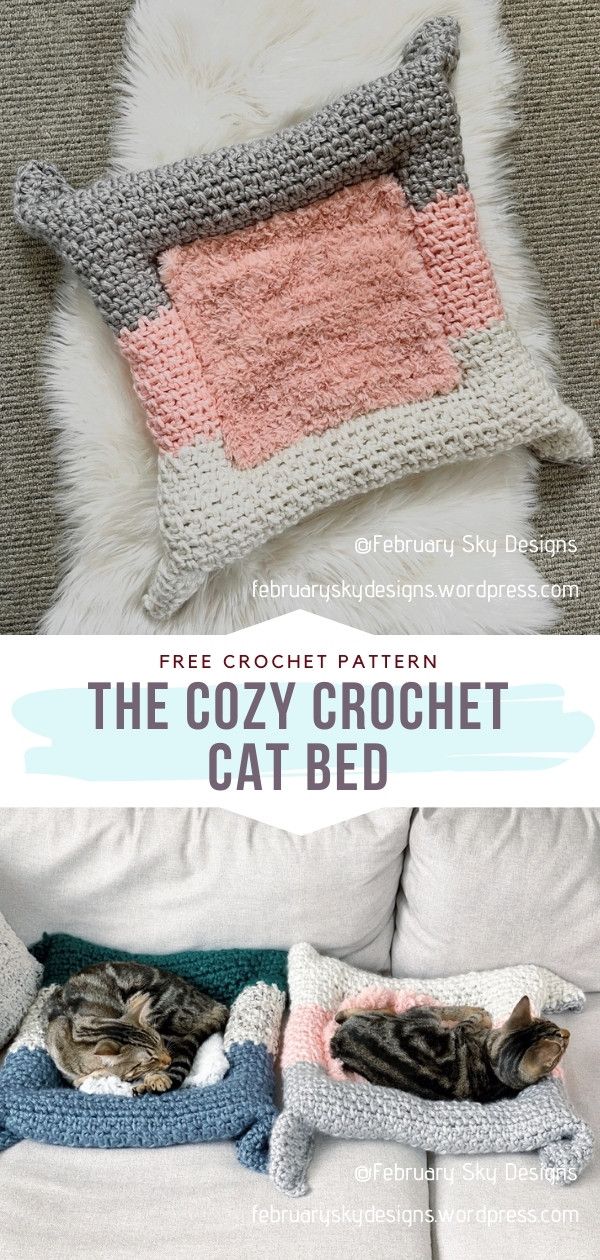 the cozy crochet cat bed is made with two different colors, and it looks like