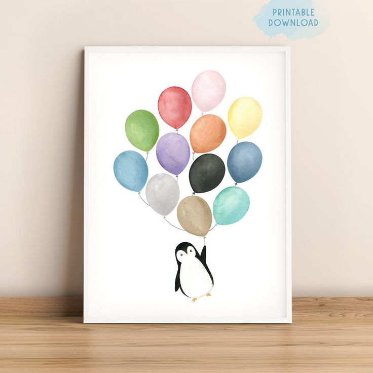 a painting of a penguin with balloons in the shape of a ballon on a white background