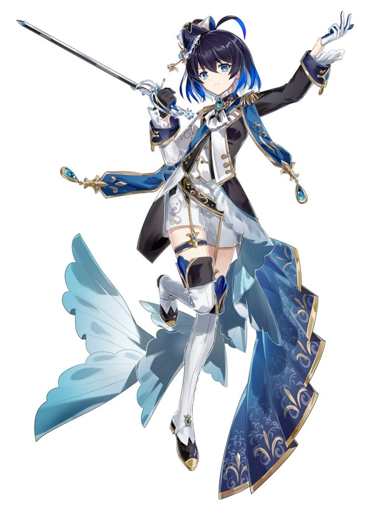 an anime character holding two swords in her hands and flying through the air with wings