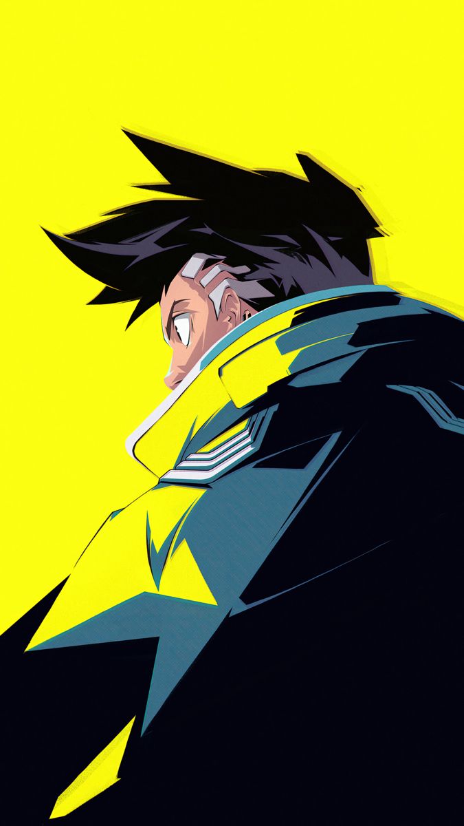 an anime character with black hair and yellow background