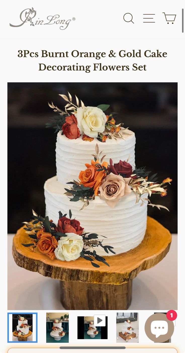 an image of a wedding cake with flowers on the top and bottom tiers, as well as photos