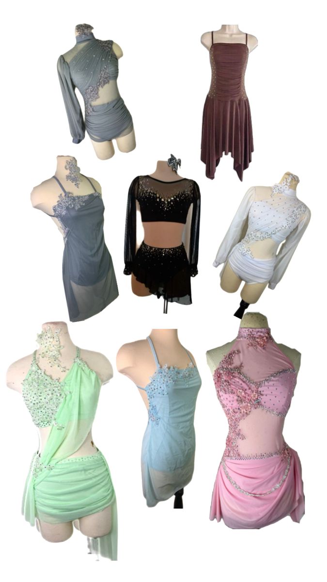 six different types of dresses on mannequins in various colors and sizes, all with beading