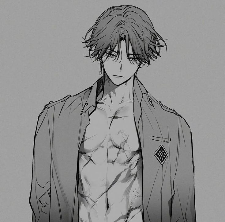 an anime character with no shirt on standing in front of a gray background