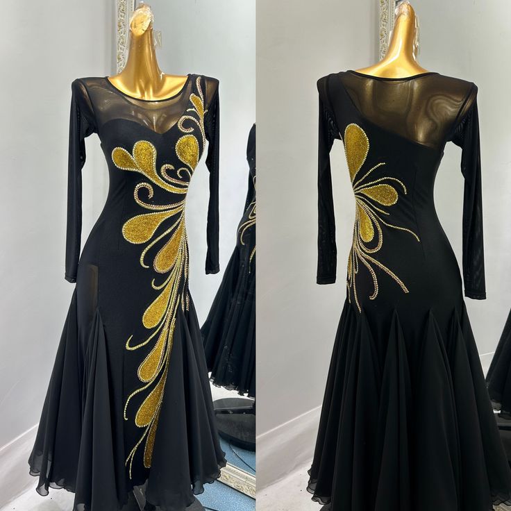 All dresses are custom made based on your measurements and will take 40 days for production and 1-2 weeks for delivery. Urgent order is available at additional cost.  All prices in the listings are based on XS/S size, if you have a different size, the cost may increase due to more fabric and embellishments are required to keep the visual effect of the same design. You may share your height weight bust waist hip measurements with us to confirm your price before placing an order.  You may alter th Fitted Black Dress For Ballroom, Black Long Sleeve Ballroom Dress, Long Sleeve Black Ballroom Dress, Gold Fitted Dance Dress, Gold Fitted Dress For Dance, Gold Fitted Long-sleeved Dress, Gold Fitted Long Sleeve Dress, Fitted Gold Dress With Long Sleeves, Fitted Long Sleeve Ballroom Dress