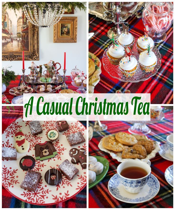 a collage of christmas tea and desserts with the words, a casual christmas tea