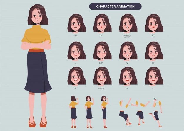 a woman's character creation sheet with different poses and hair styles for each character