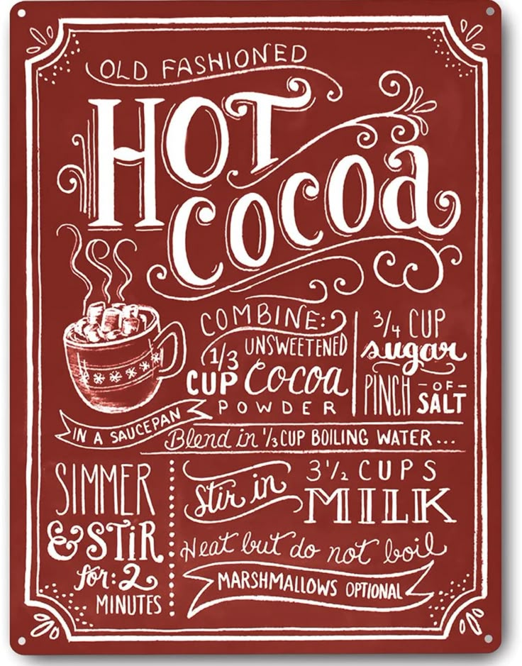 a red and white sign with the words hot cocoa written in different languages on it