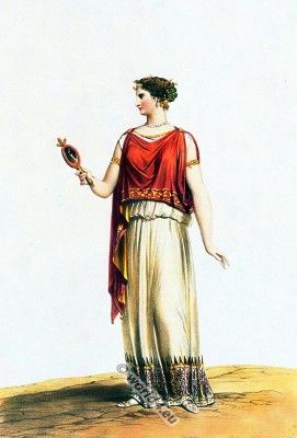 a painting of a woman in ancient greek dress holding a mirror and looking at it