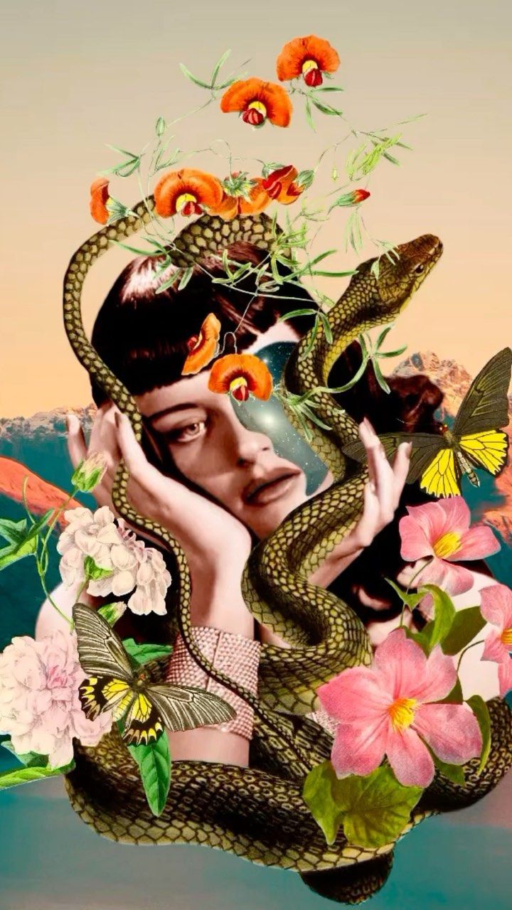 a woman with flowers and butterflies on her head is surrounded by an image of a snake