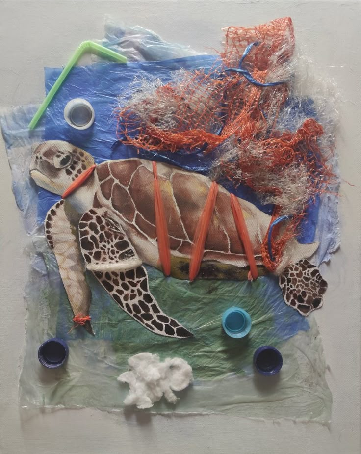 a painting of a sea turtle surrounded by corals and other marine life, including plastic cups