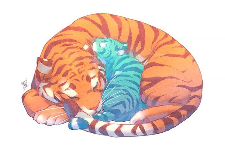 a drawing of a tiger laying on top of a blue stuffed animal in a round bed