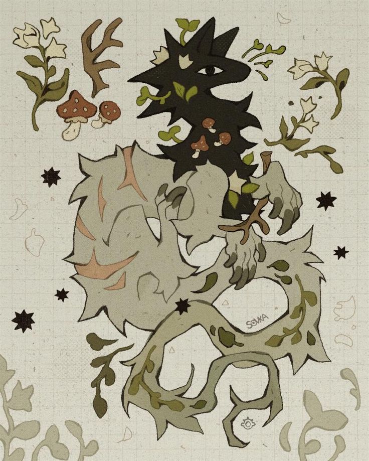 an image of a dragon with flowers and leaves on it's back side, surrounded by stars