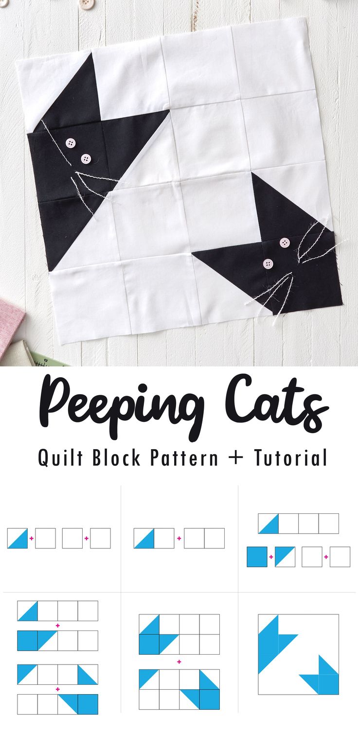 the pattern for peeping cats quilt block is shown in black and white, with blue arrows