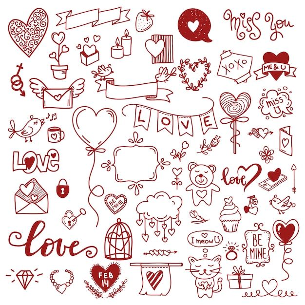 valentine's day doodles with hearts, flowers and other things on white background