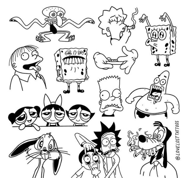 cartoon characters drawn in black and white