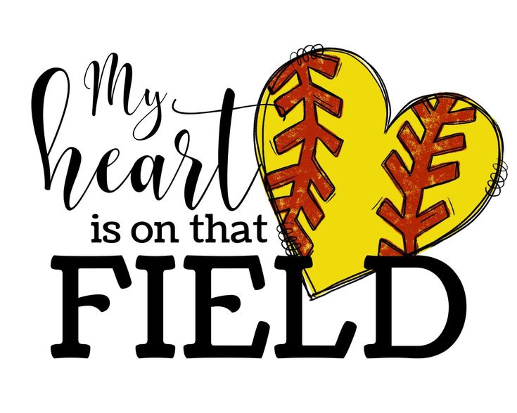 a heart shaped baseball with the words my heart is on that field in black and yellow