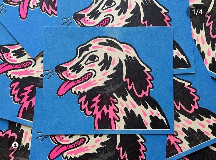 several stickers with pink and black dog images on them, all in different colors