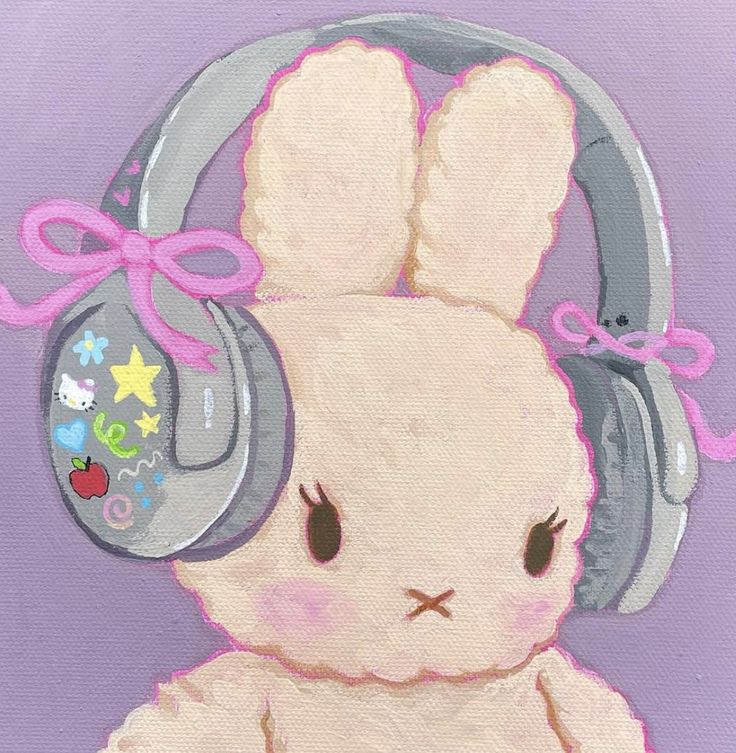 a painting of a rabbit with headphones on it's ears, sitting in front of a purple background