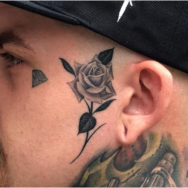 a man with a rose tattoo on his neck and behind the ear is a clock