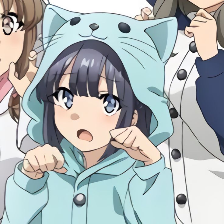 an anime character is posing for the camera with two other people behind her and one person covering their face