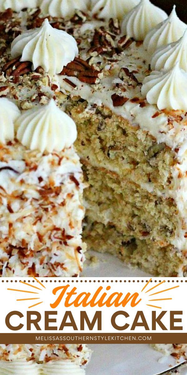 Indulge in the decadence of this Italian Cream Cake! One of the best dessert recipes for special occasions, it features a rich, thick batter filled with toasted pecans and coconut. Finished with luscious cream cheese frosting, this is a top-tier choice for cake ideas! Italian Cream Cake Recipe, Cream Cake Recipe, Italian Cream Cakes, Italian Cream, Italian Cake, Birthday Desserts, Special Cake, Cake Servings, Food Cakes