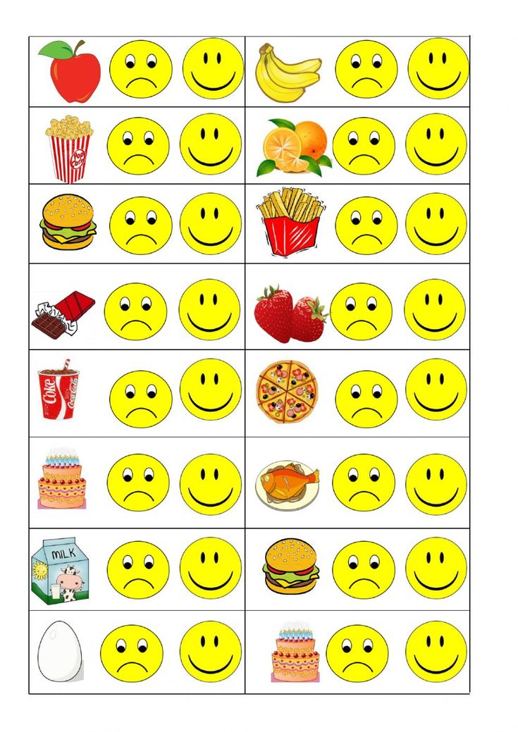 a worksheet with smiley faces and different food items on the same page, which includes