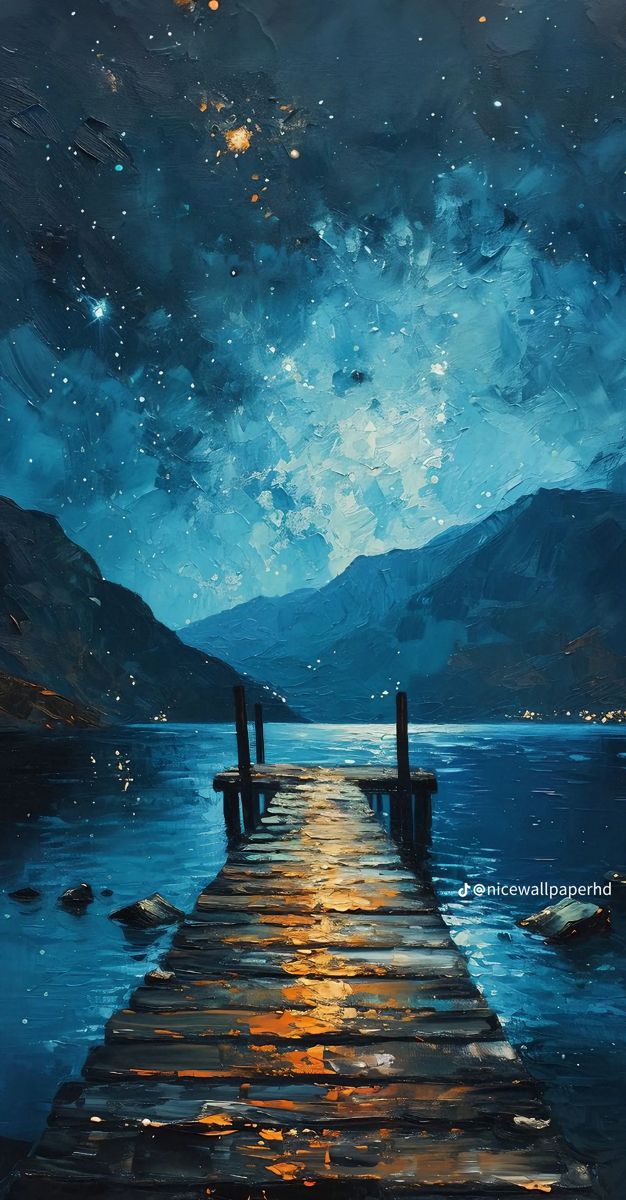 a painting of a pier at night with stars in the sky