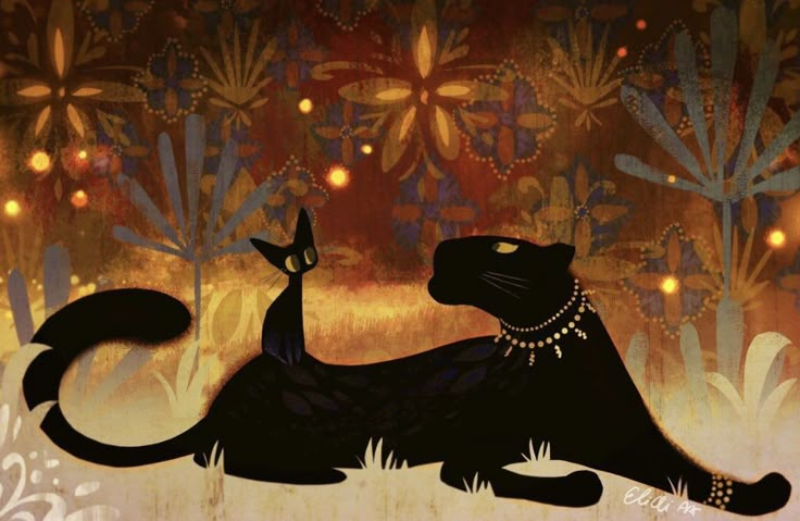 a painting of a black cat with pearls on its neck sitting in front of plants