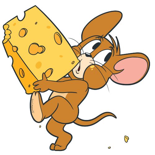 a cartoon mouse carrying a large piece of cheese on his back and holding it up to its face