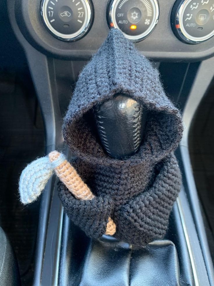 a stuffed animal is sitting in the center console of a car, wearing a knitted hood and scarf